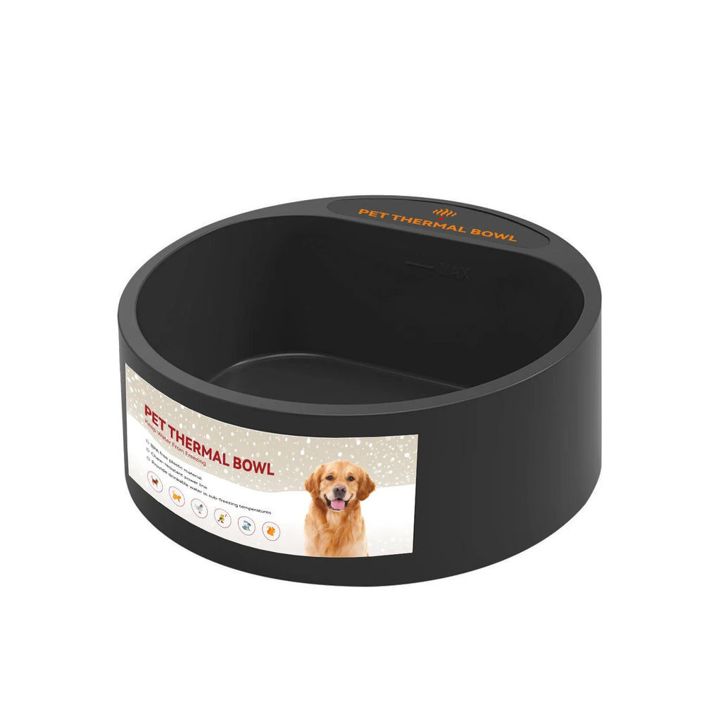 Black ABS plastic heated feeding bowl for cats and dogs with constant temperature control.