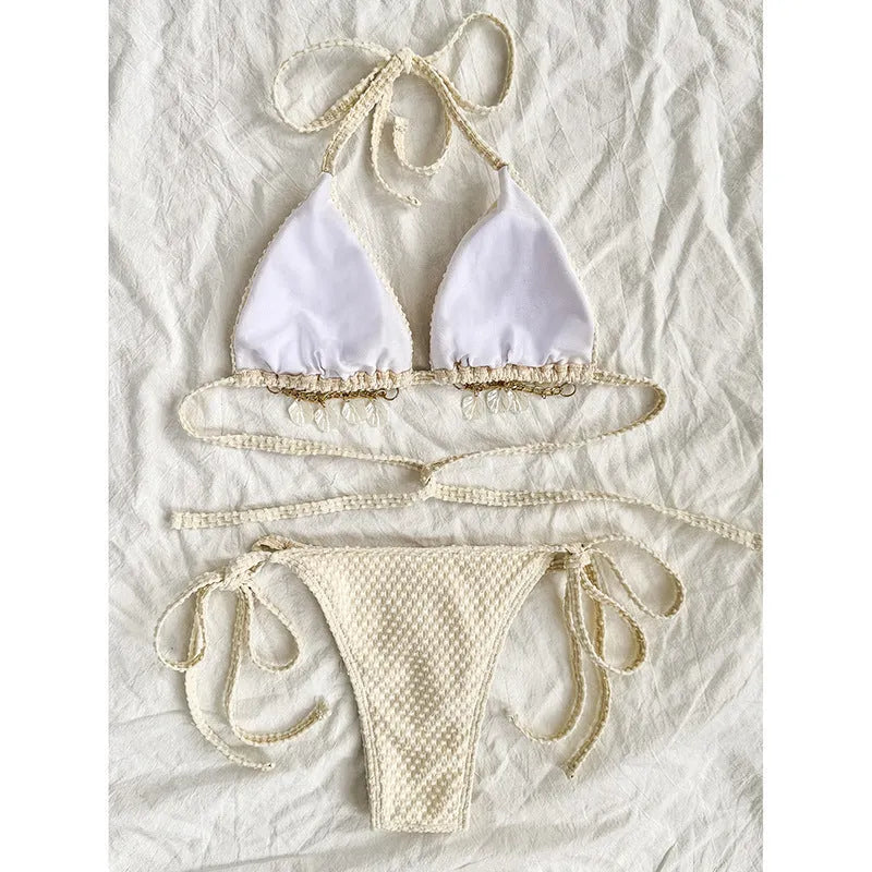 Women's halter neck lace-up bikini swimsuit in polyester fabric available in milky white, green, and white colours