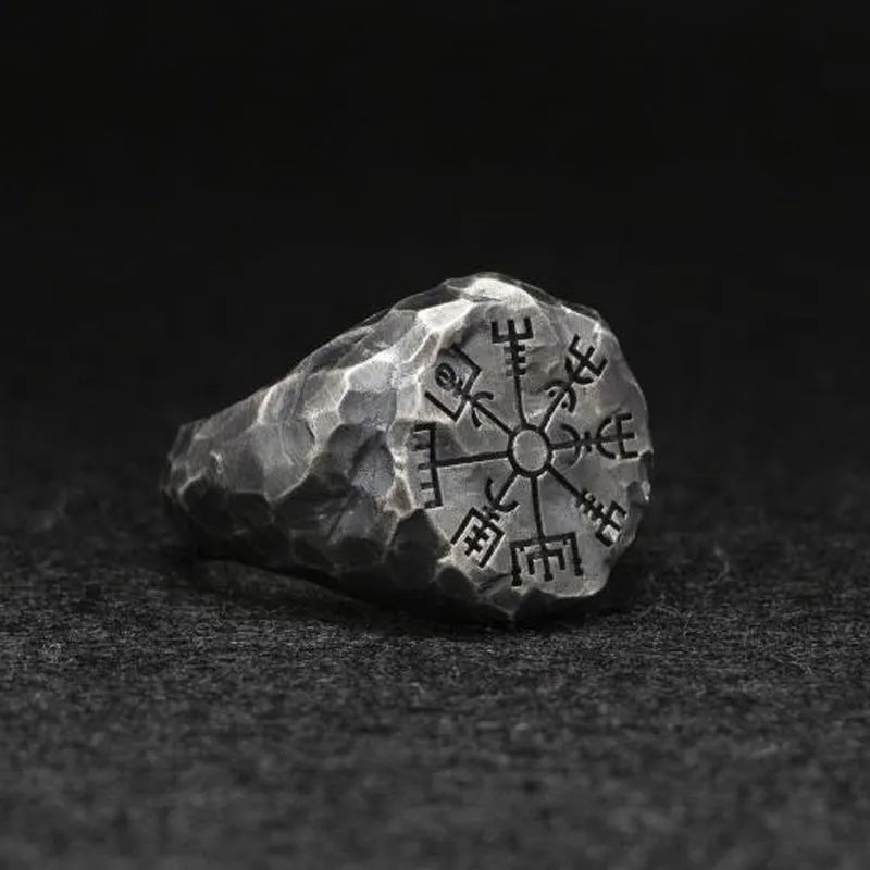 Fashion retro carved compass ring with adjustable alloy band and letter pattern