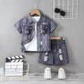 Boys grey two-piece shorts set with short-sleeved top and shorts, available in heights 4Y, 5Y, 6Y and 7Y