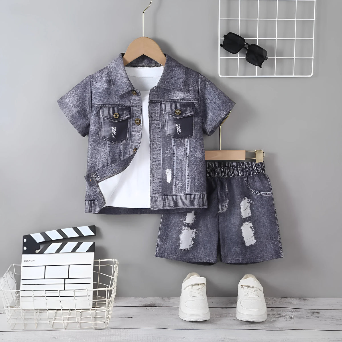 Boys grey two-piece shorts set with short-sleeved top and shorts, available in heights 4Y, 5Y, 6Y and 7Y