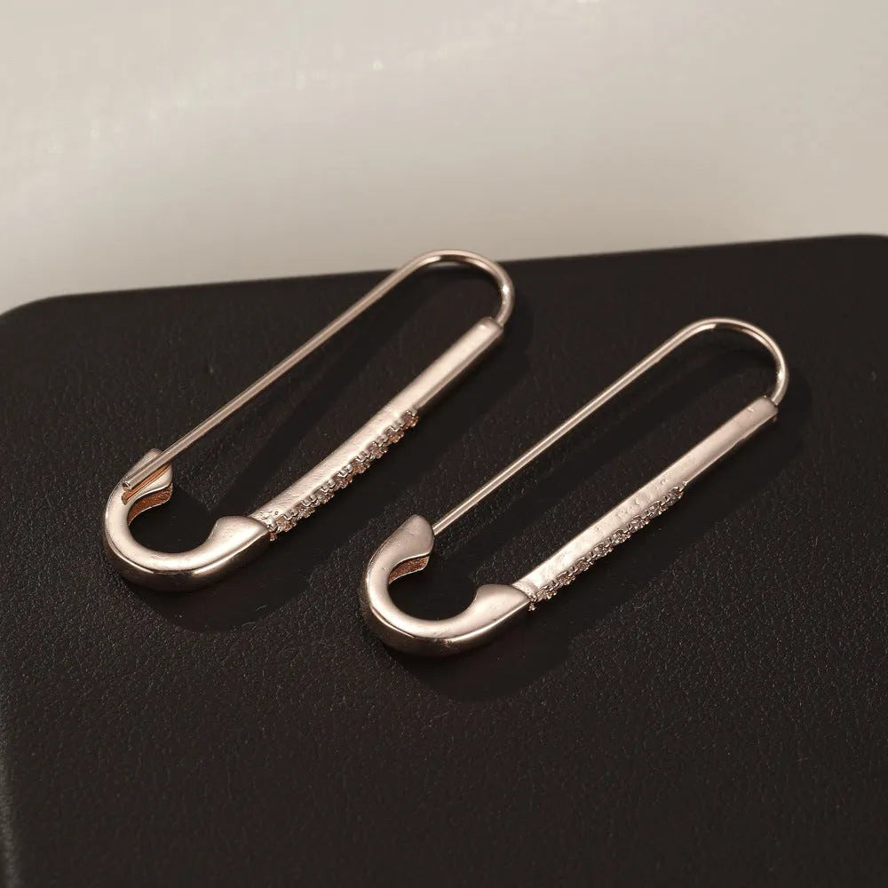 Rose gold geometric pin earrings for women, copper with inlaid zircon, asymmetric design, 1 pair