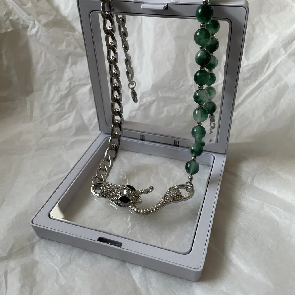 Shenlin Spirit Snake Stitching Lvzhu men's necklace in Deep Forest colour on titanium steel bone chain
