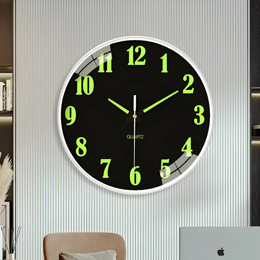 Modern white 8 inch wall clock with luminous numerals on plastic shell