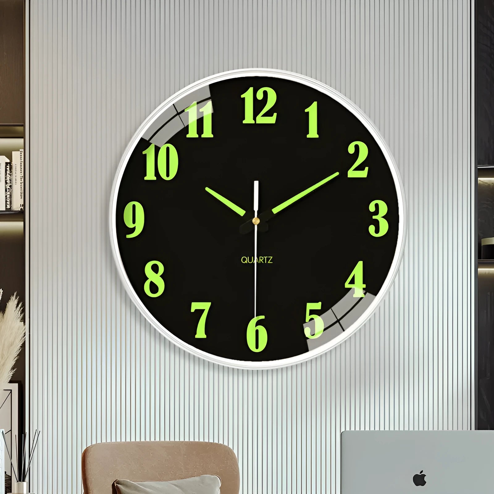 Modern white 8 inch wall clock with luminous numerals on plastic shell