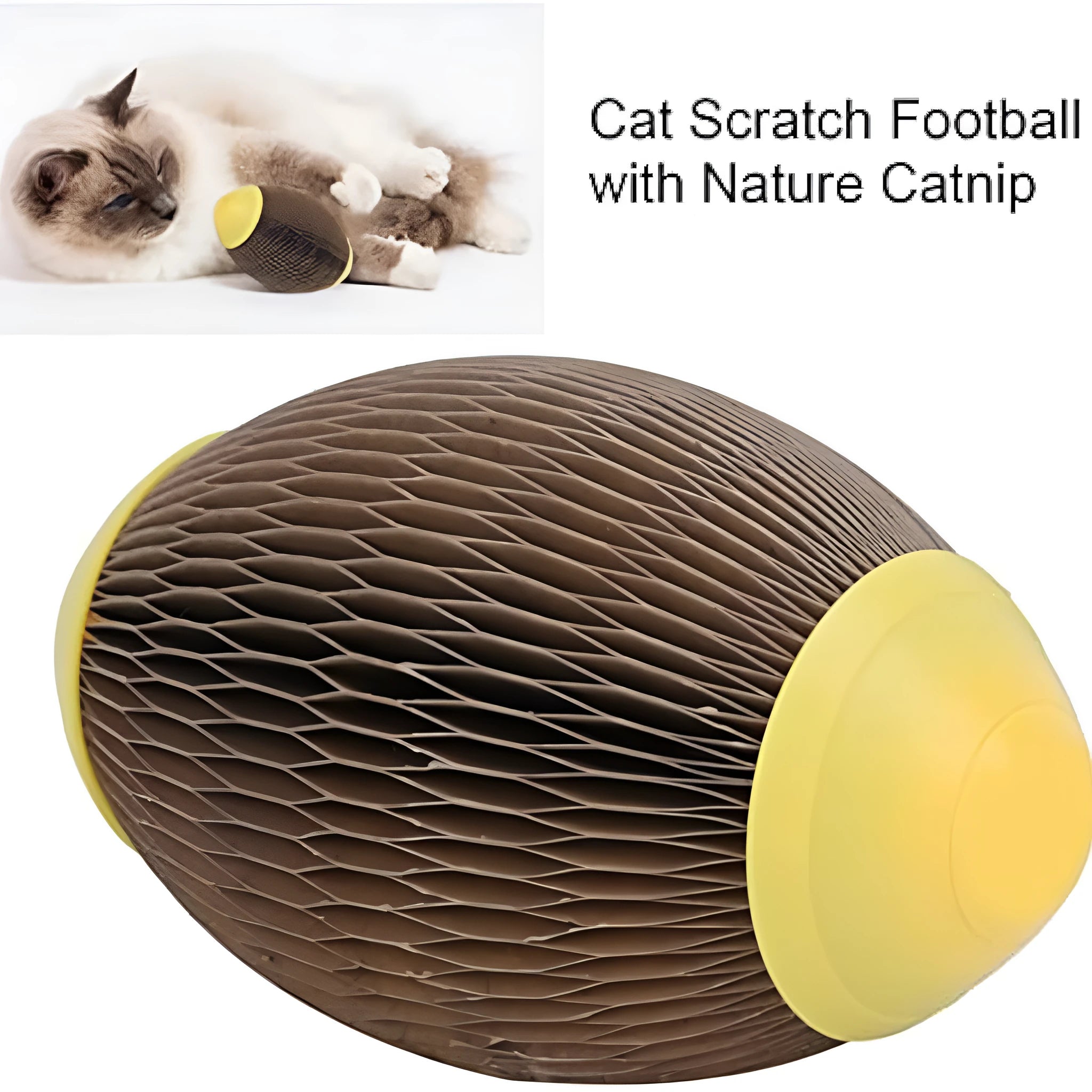 Ellipse-shaped catnip ball toy made of recycled corrugated paper for scratching and play.