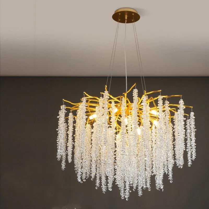 Modern crystal chandelier with adjustable height and LED lighting in a light luxury style.