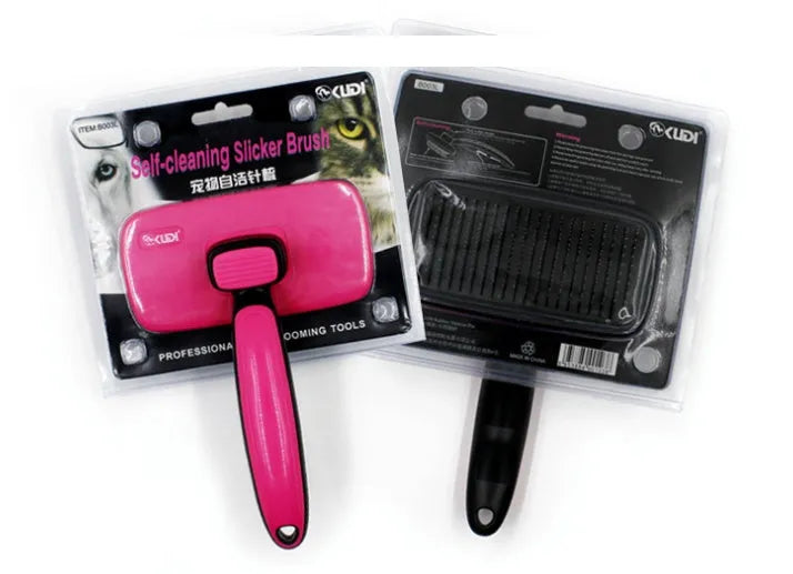 Rose red pet grooming comb with stainless steel teeth on white background