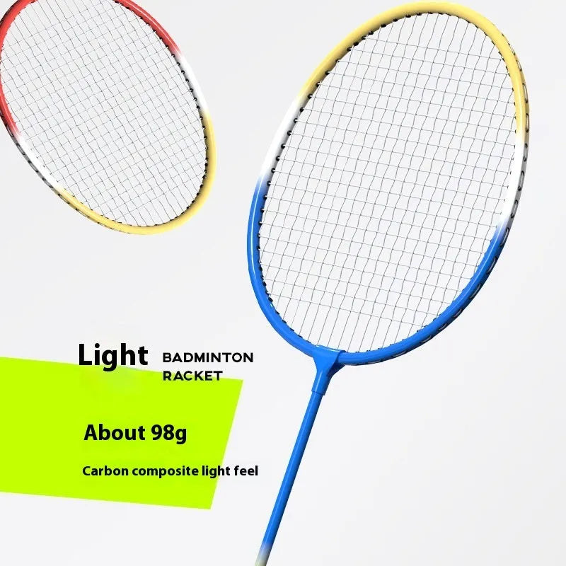 Pair of blue and red ultra-light aluminium alloy badminton rackets with split-frame design on a court.