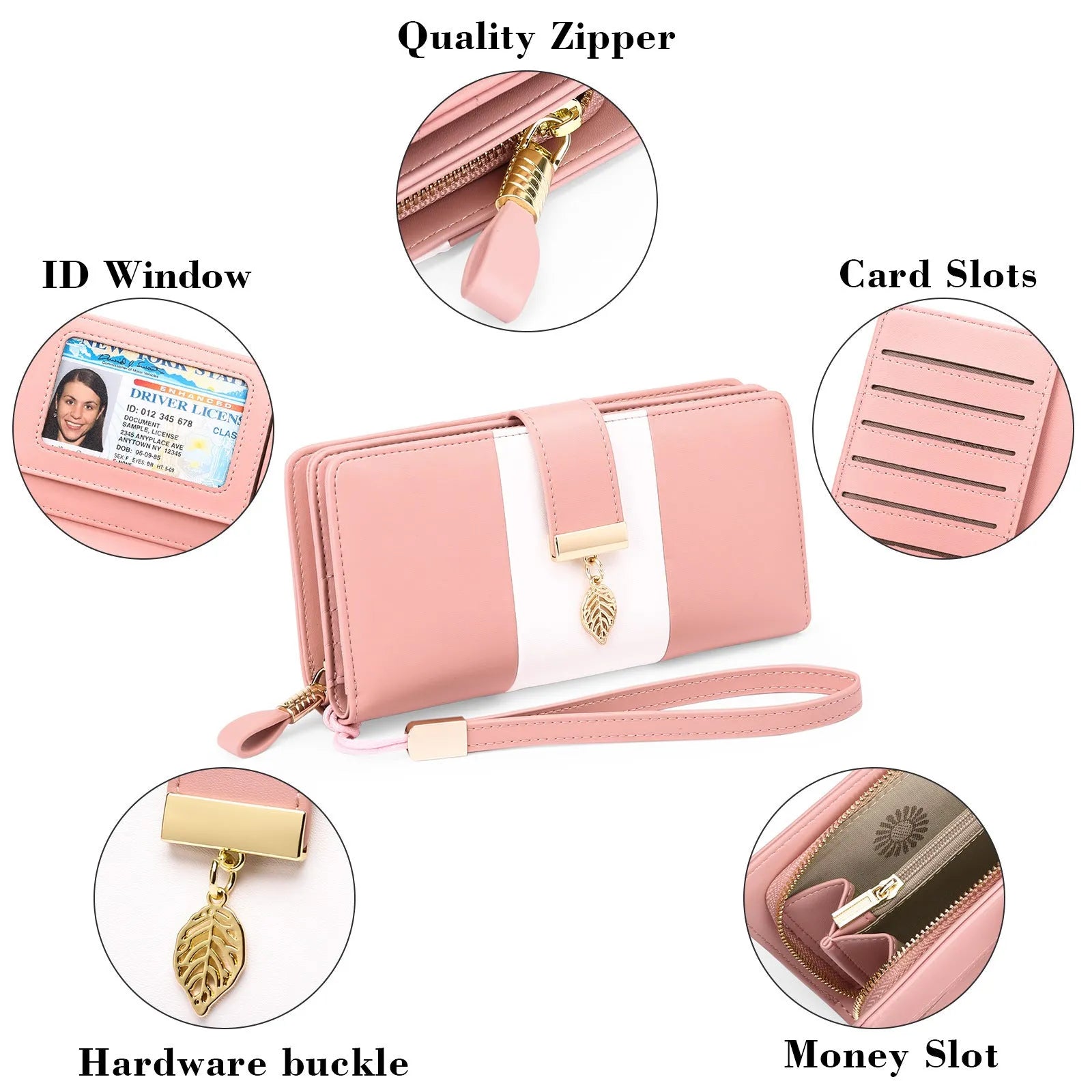 Midnight black women's anti-theft clutch bag with gold-tone lock, showing interior microfiber lining and card slots.