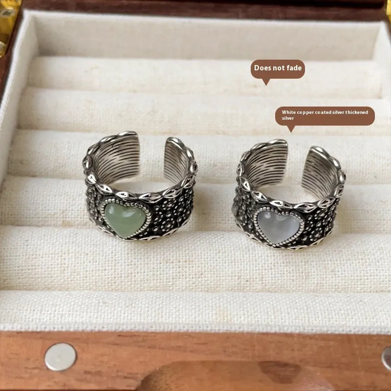 Adjustable opening retro moon heart ring in white copper plated silver