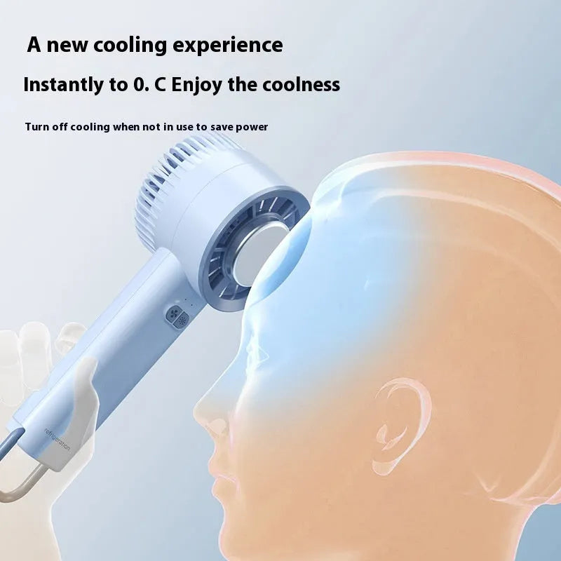 Handheld turbo jet fan in white or light blue colour with compact portable design for personal cooling