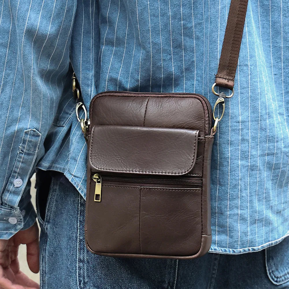 Men's brown genuine leather crossbody shoulder bag with sewing line detailing