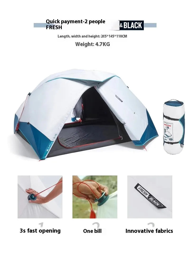 Blue and white quick-open thickened rain-proof camping tent for 2 people with FRP frame