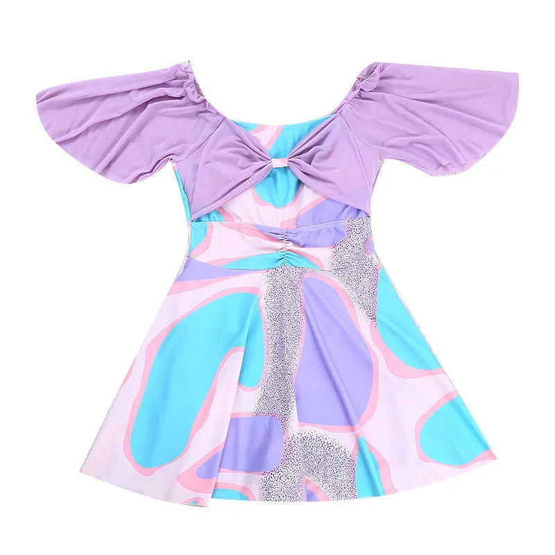 Women's high-waisted one-piece swimsuit with floral pattern in light purple or light blue colour