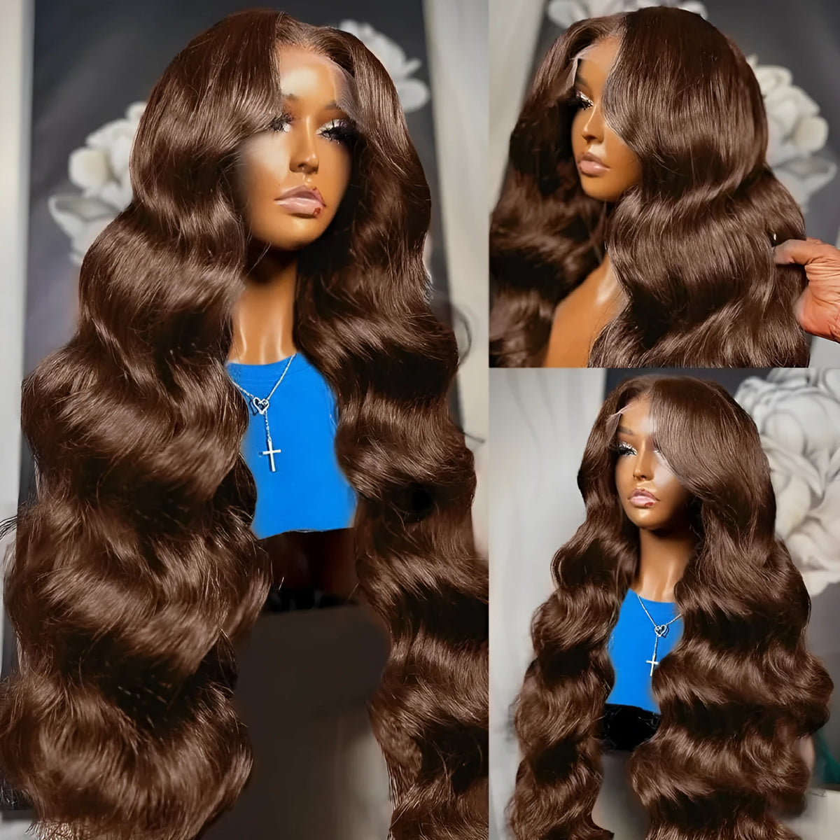 Brown long curly wig with lace front and middle part, dark brown, 26-32 inch lengths.