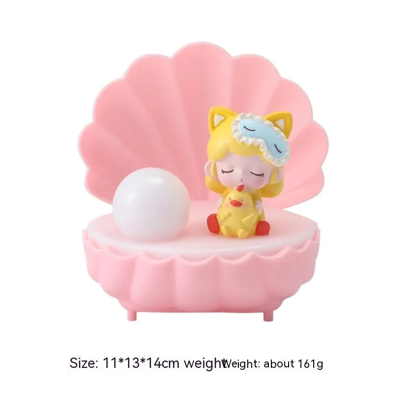 Shell Star Light resin cartoon animal girl night lamp in pink, blue, purple or yellow.