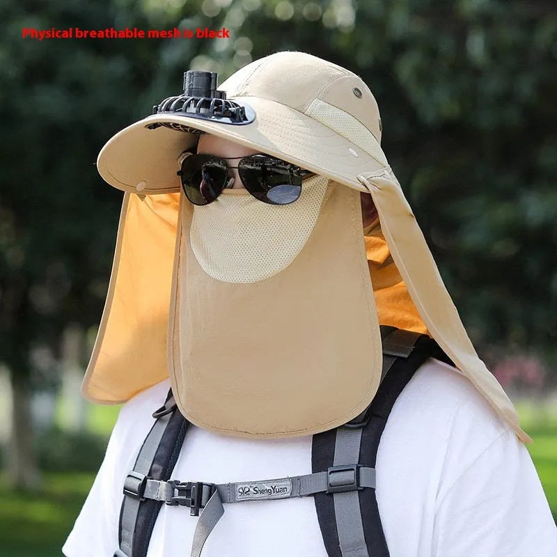 Men's khaki sun hat with built-in USB fan, face covering, and extended neck protection shawl.