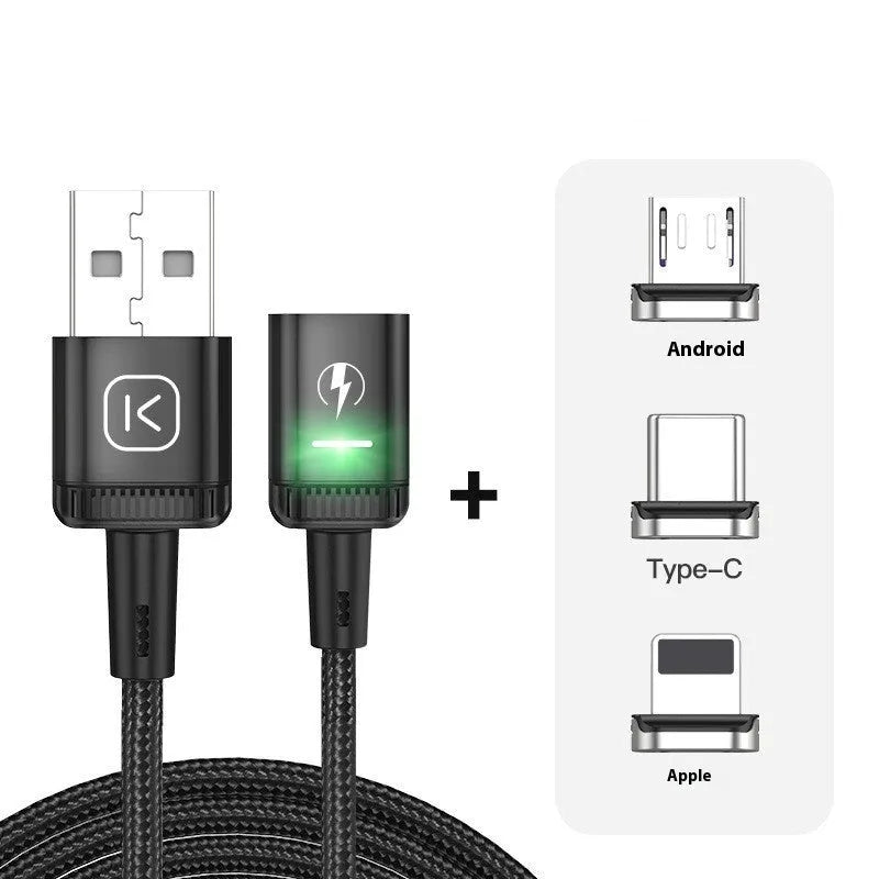 3-in-1 magnetic data cable with woven braid, aluminum alloy connector, Lightning Micro USB Type-C ports in black