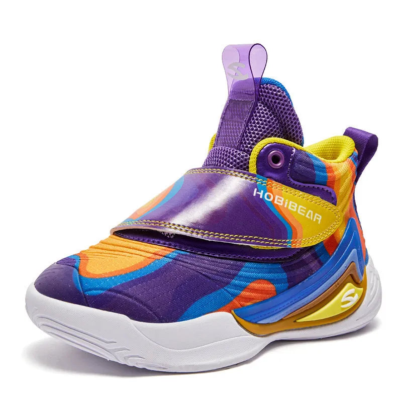 Children's purple blue and purple yellow PU mesh basketball shoes with Velcro strap, sizes 28 to 39