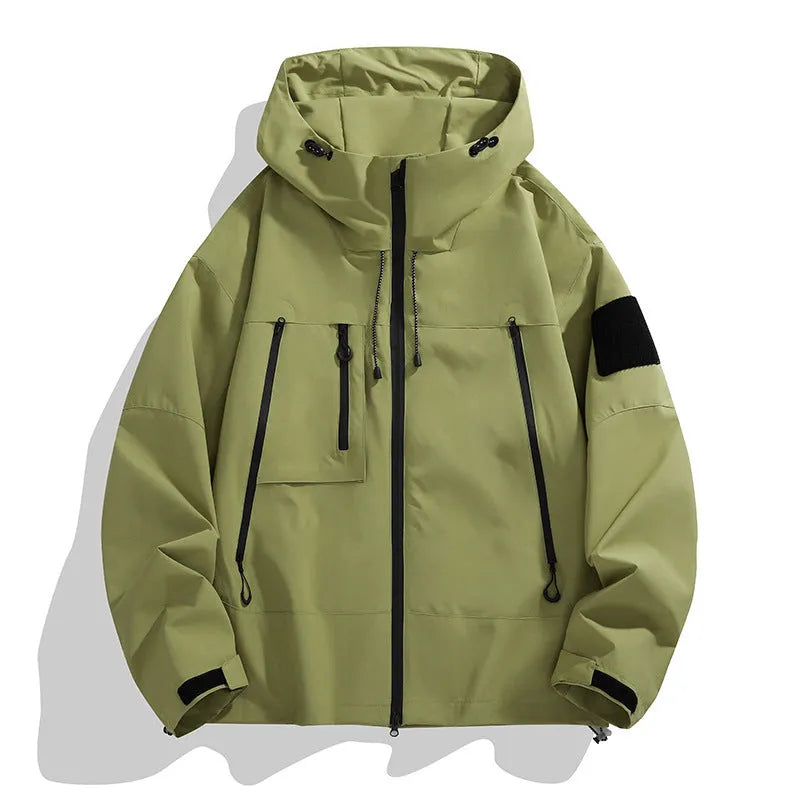 Men's hooded shell jacket in ivory white polyester blend for outdoor use