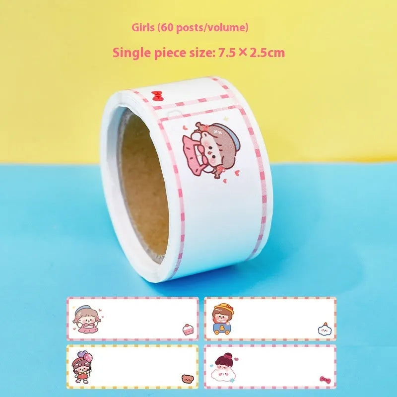 Roll of cartoon name tape stickers showing dinosaur, astronaut, rabbit and girl designs