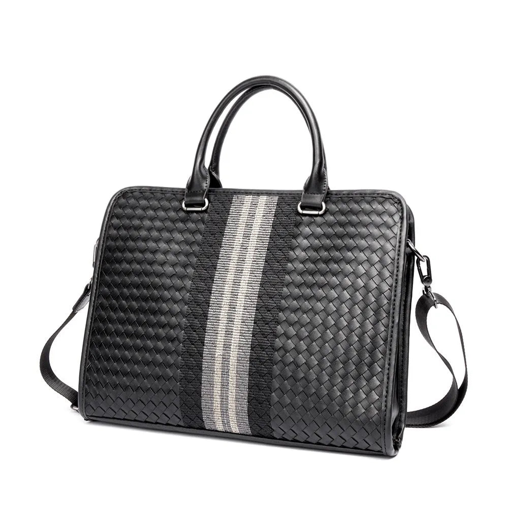 Black PU leather stitching woven business casual men's briefcase with shoulder strap and crossbody carry