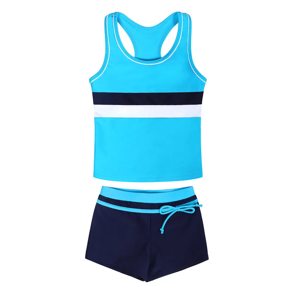 Girls' two-piece blue swimsuit with chest pad top and split boxer shorts laid flat.
