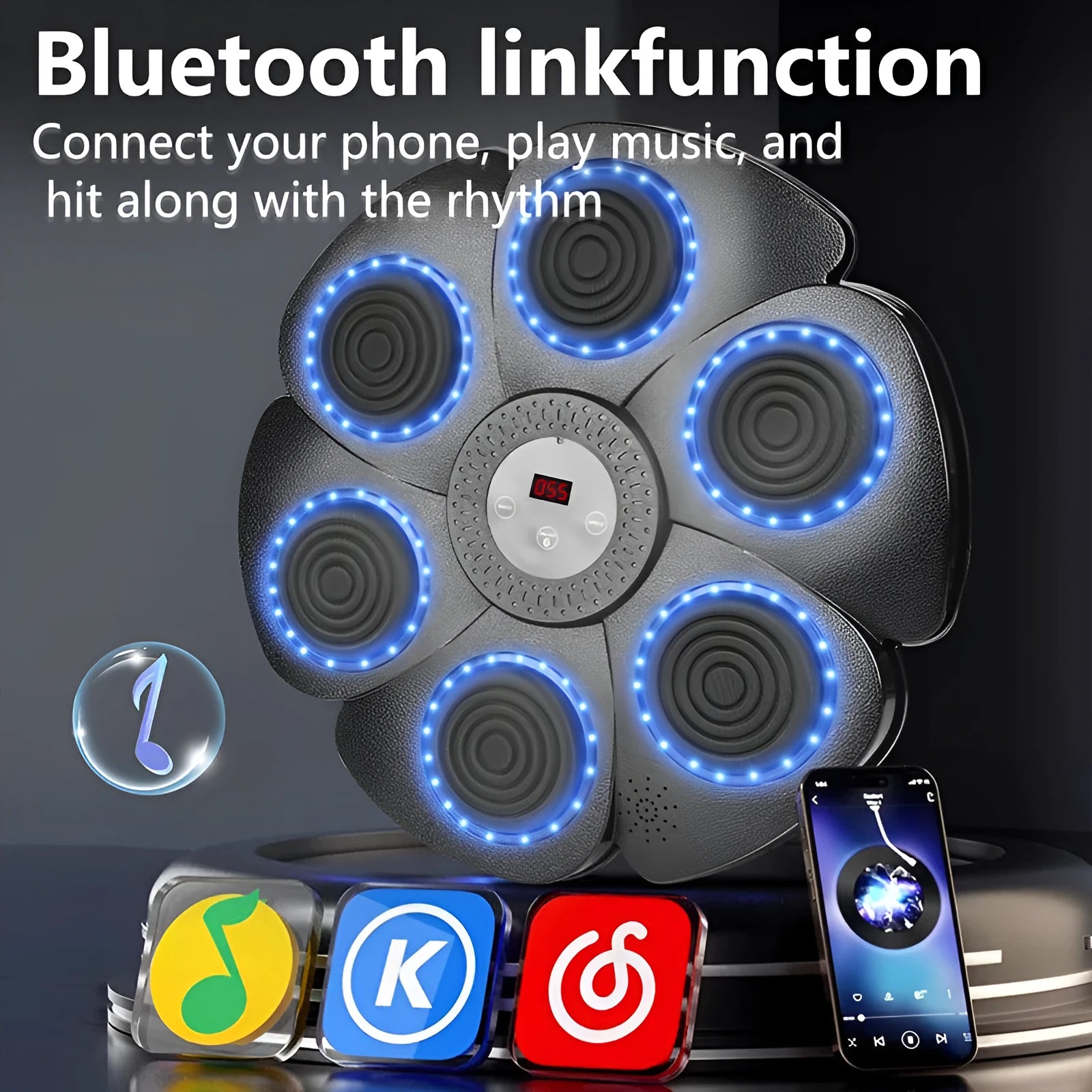 Black plastic smart boxing wall target with LED lights and four half-finger Velcro boxing gloves.