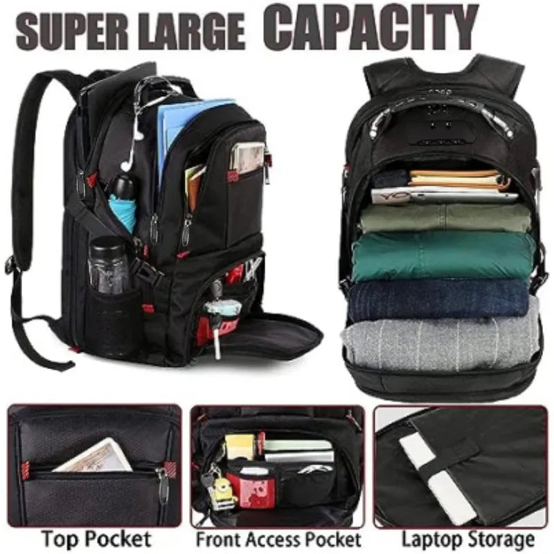Large black USB charging backpack with curved shoulder straps and water-resistant Oxford cloth construction