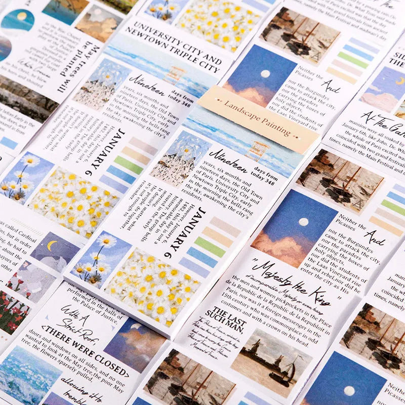 Pack of 20 paper landscape painting stickers measuring 60 by 120 millimetres