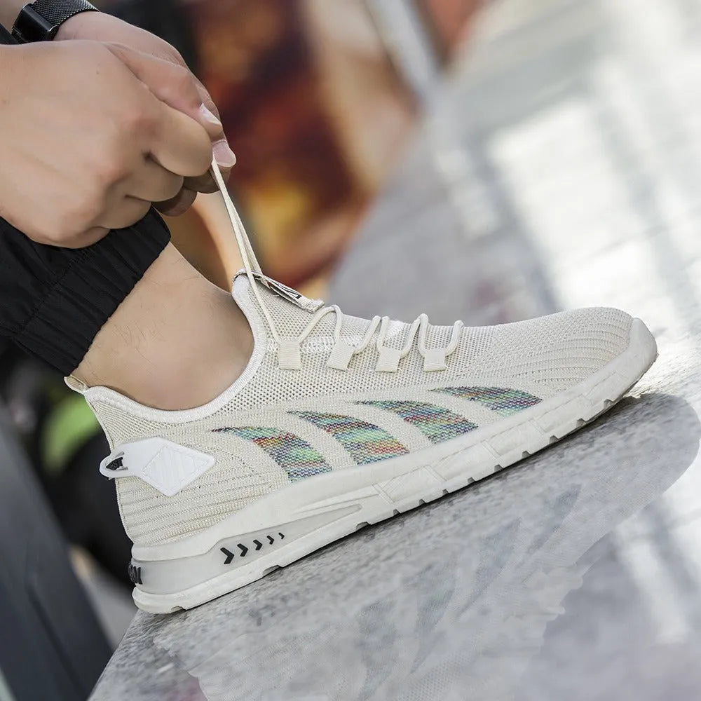 Low-top striped mesh sneaker with flat plastic sole in black colour