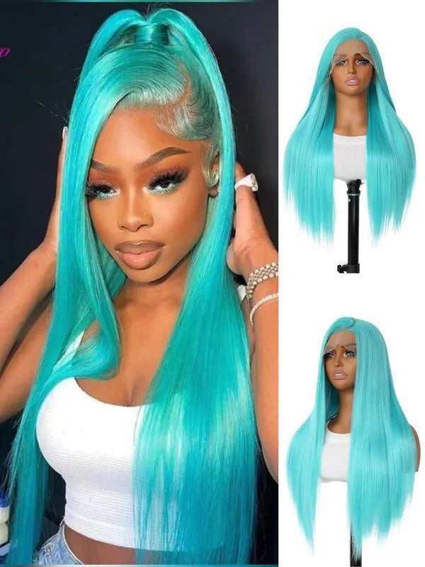 Women's long straight lace front wig 28 inches medium brown K silk fluffy style