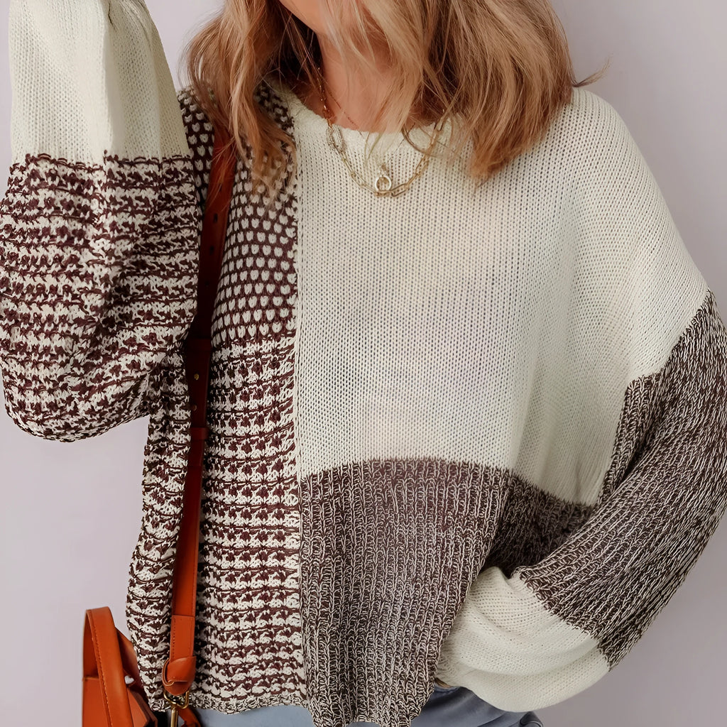 Dark khaki colour block women's loose sweater with drop shoulders and a back tie fastening.