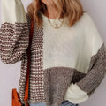 Dark khaki colour block women's loose sweater with drop shoulders and a back tie fastening.