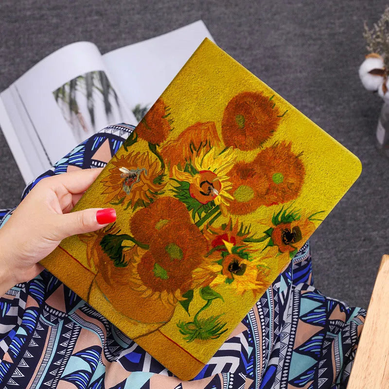 Handmade liquid silicone flip case for iPad with decorative oil painting design of sunflowers.
