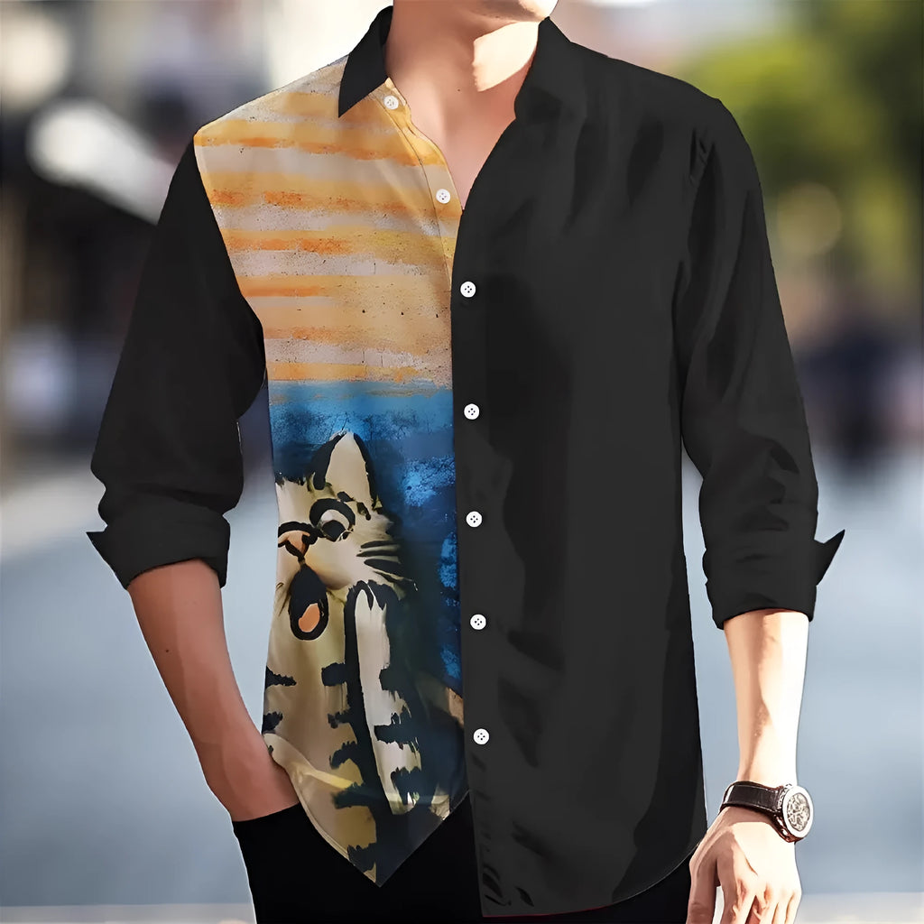 Hawaiian style men's long sleeve shirt with flower pattern in loose cardigan cut