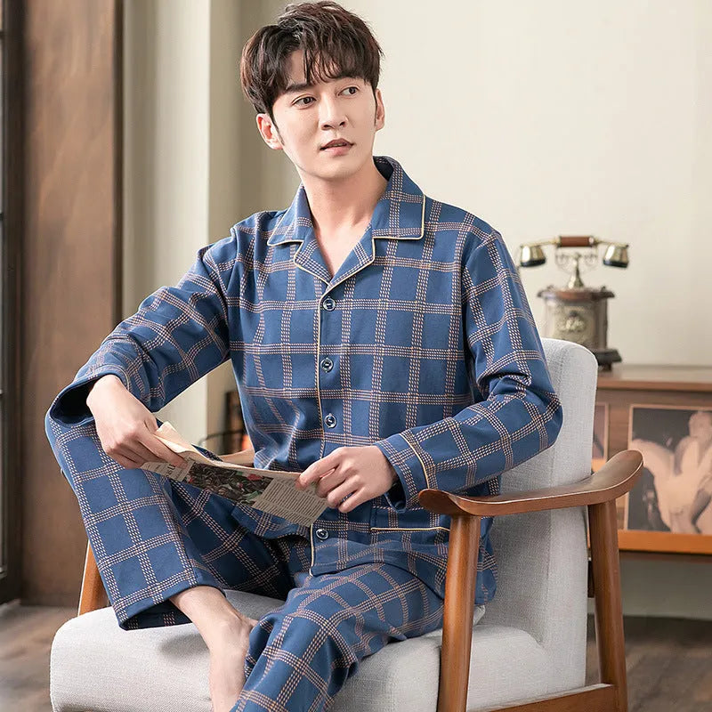 Men's cotton cardigan pyjama set in long sleeve top and trousers, available in five colours and sizes M to XXXXL
