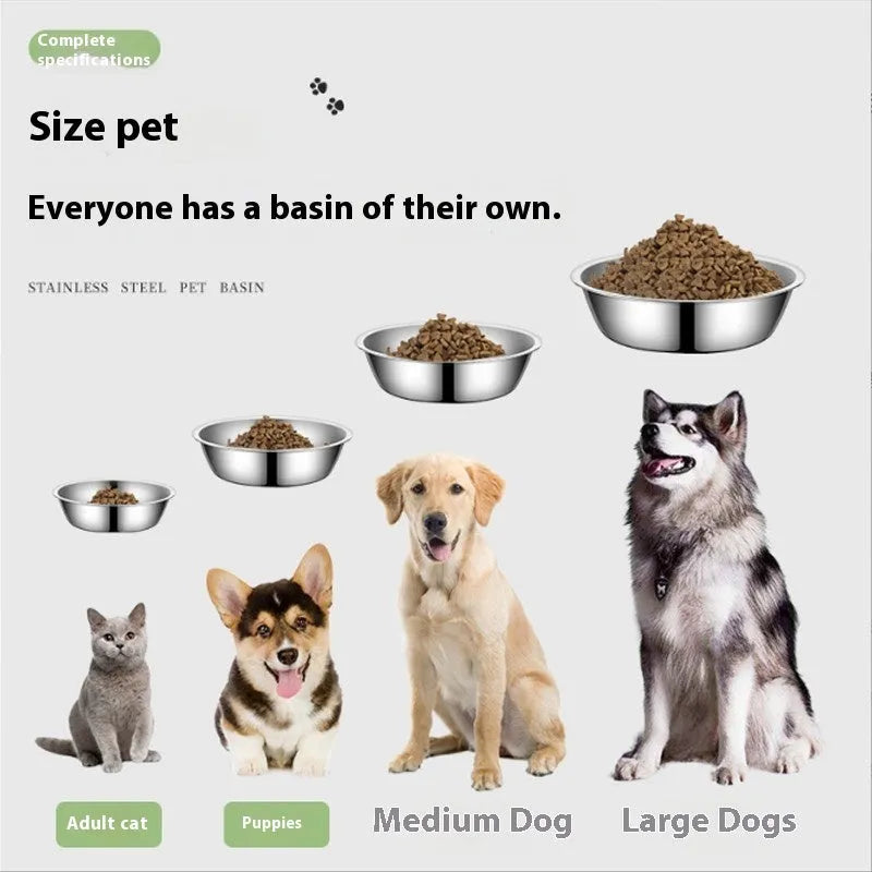 Stainless steel pet bowl with non-slip base shown in various sizes from 13cm to 22cm diameter.