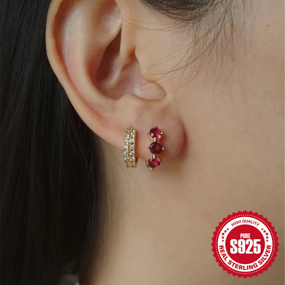 S925 sterling silver women's earrings with golden three-diamond zircon sunburst motif