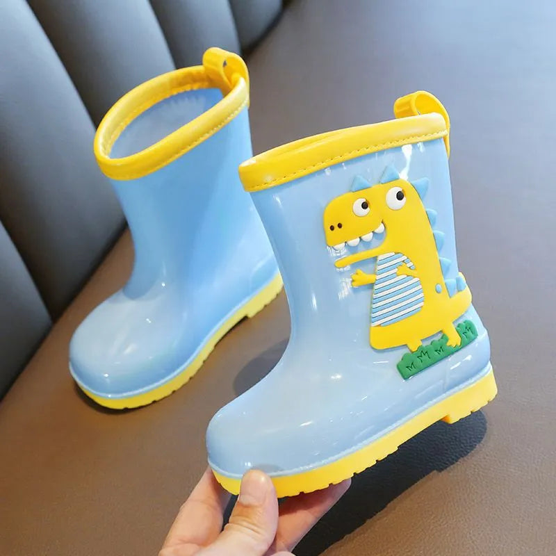 Children's non-slip low-top rain boots with cartoon dinosaur design in pink, yellow, and blue, PVC material, inner length 14-20cm