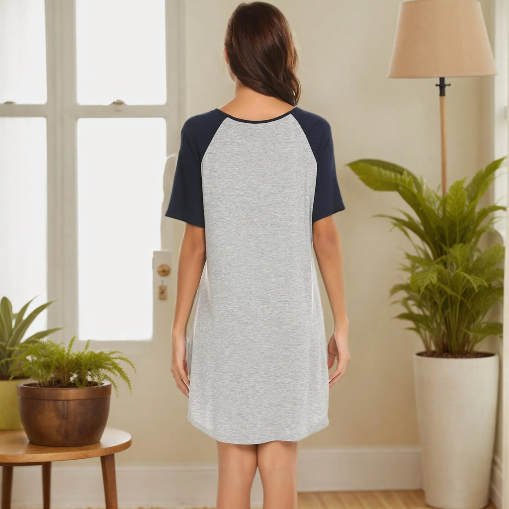 Women's double brushed milk silk nightdress with colour contrast patchwork sleeves