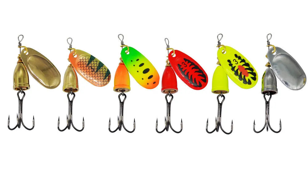 R composite rotating sequins and copper bell metal fishing lure in seven colour options on a blue background.