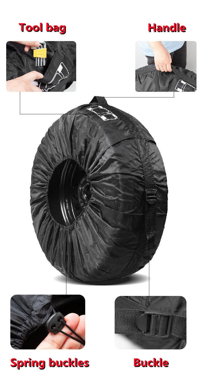 Set of four black Oxford cloth car tyre protective covers laid flat, showing their circular shape and durable fabric texture.