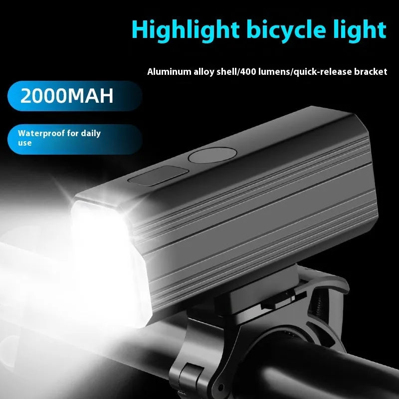Aluminium alloy mountain bike front light with silicone mount bracket on handlebars
