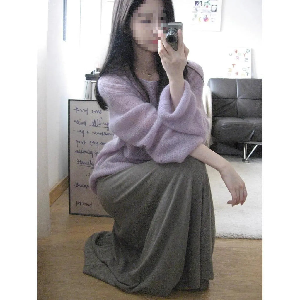 Women's purple round neck lightweight sweater with princess sleeves and hollow out design.