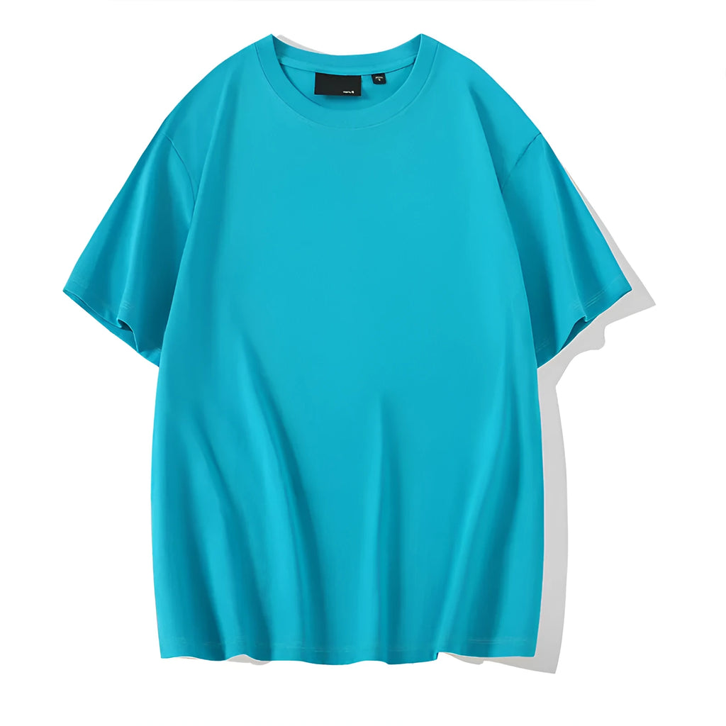 Men's solid colour cotton T-shirt with round neck and drop-shoulder sleeves in loose casual fit