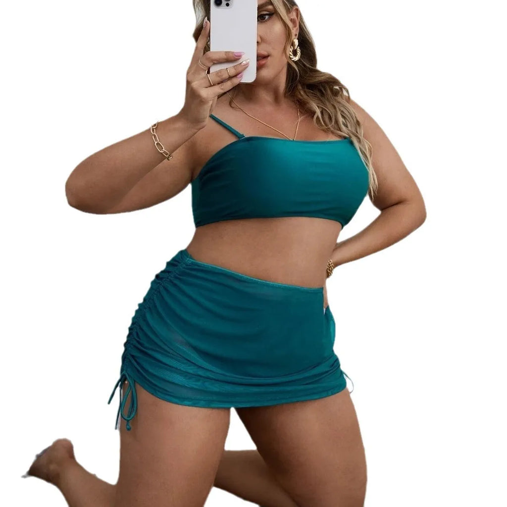 Women's mesh bikini three-piece set in solid colour with top, underwear, and apron