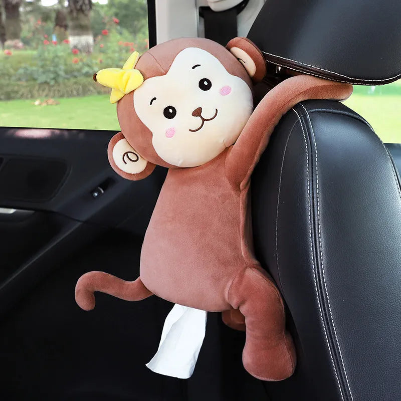 Soft plush car headrest tissue box holder in a cute animal character style.