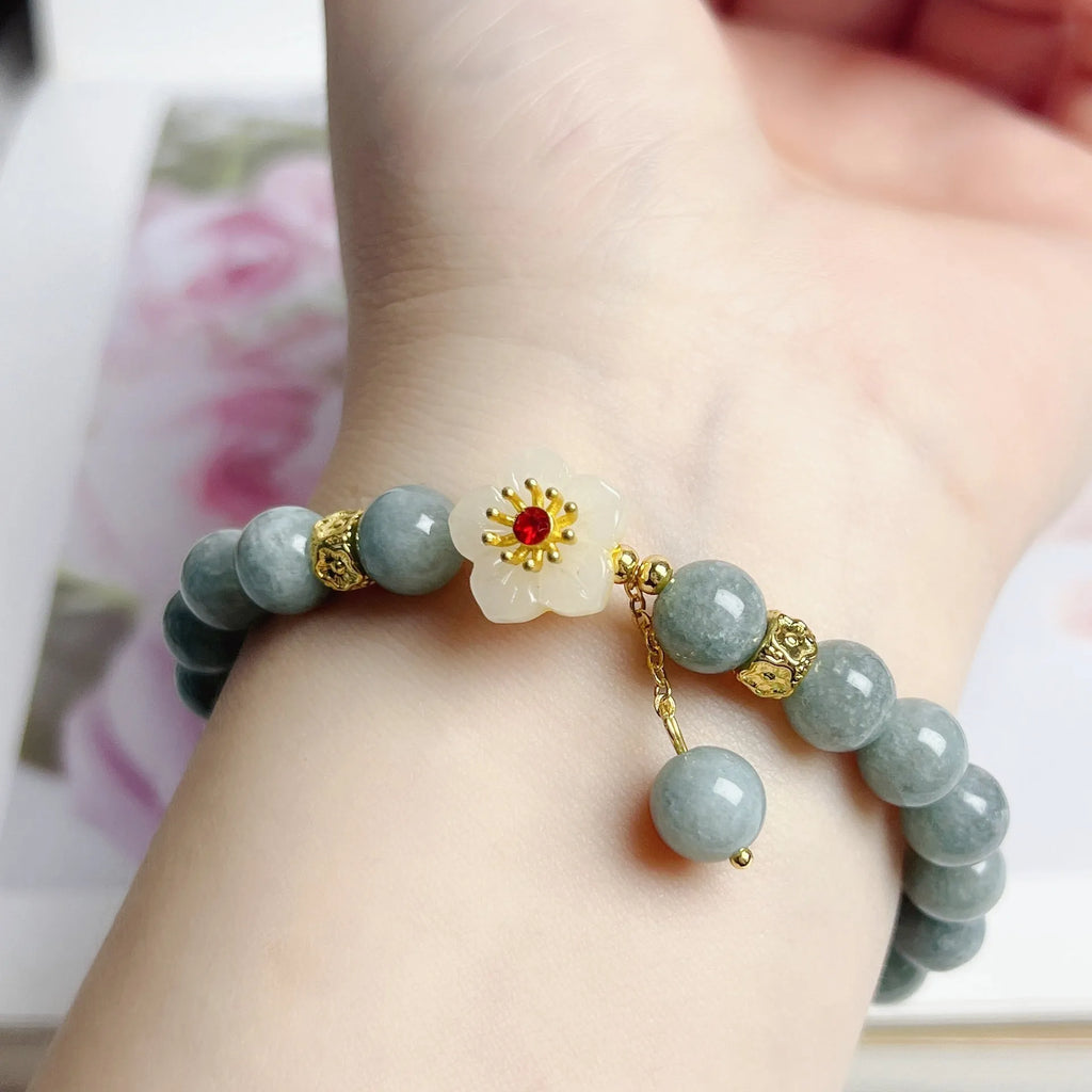 Women's adjustable jade bracelet with rope closure in retro style